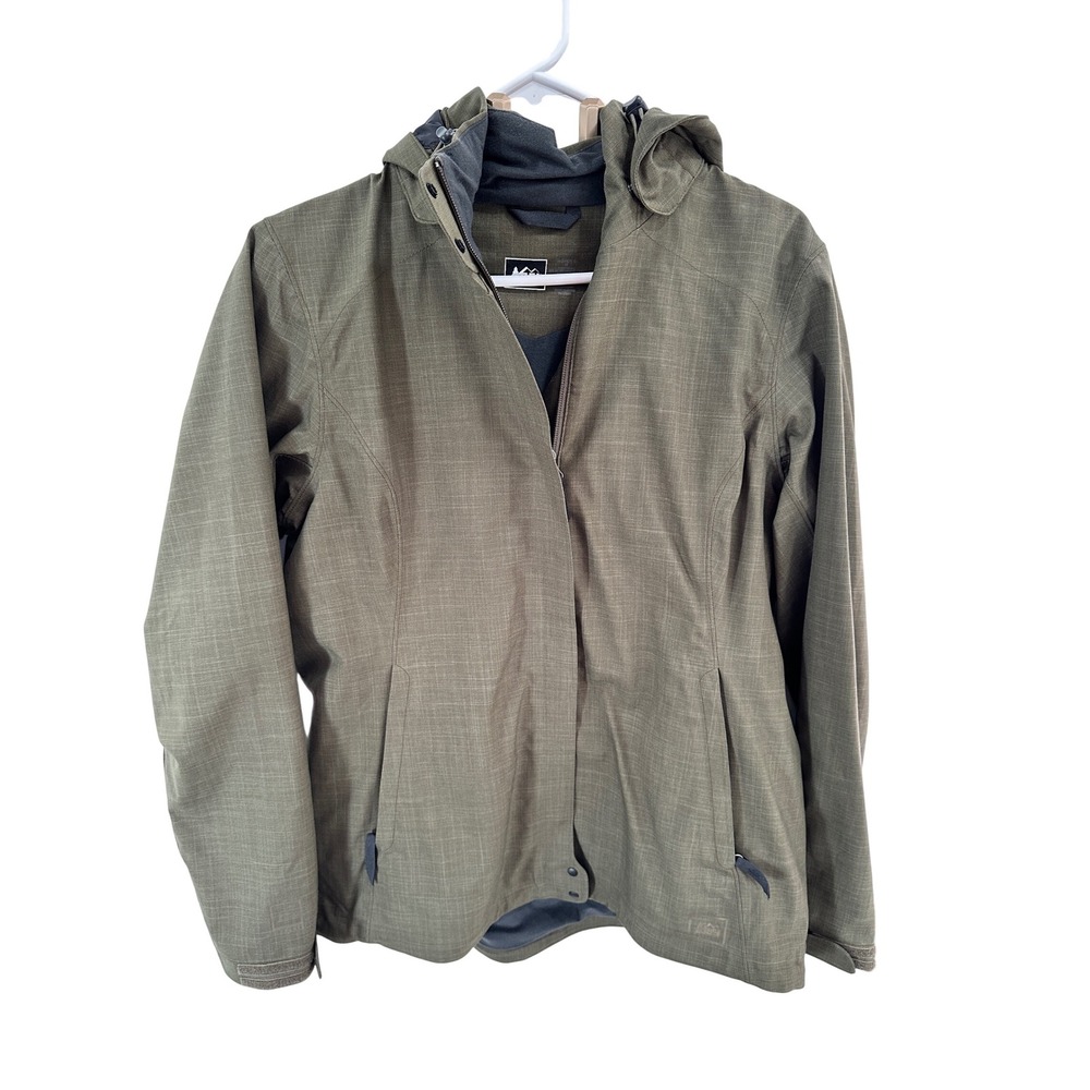 REI Women's Medium Olive Green Hooded‎ Water Resistant Jacket